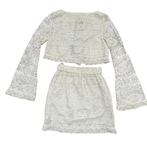COMMENSE White Lace Cropped Bell Sleeve‎ Mini Skirt Set XS - Picture 2 of 8